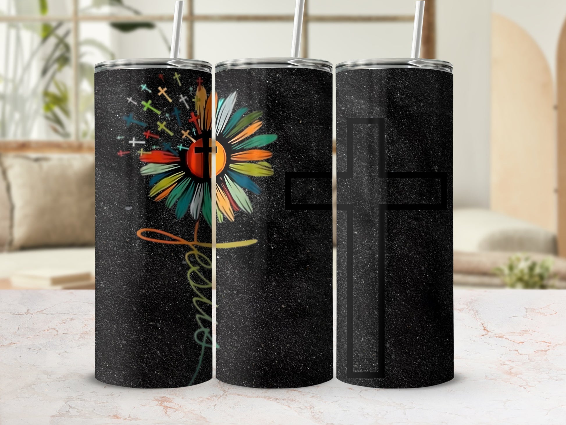 Cross and Colorful Flower Design on Black Tumblers