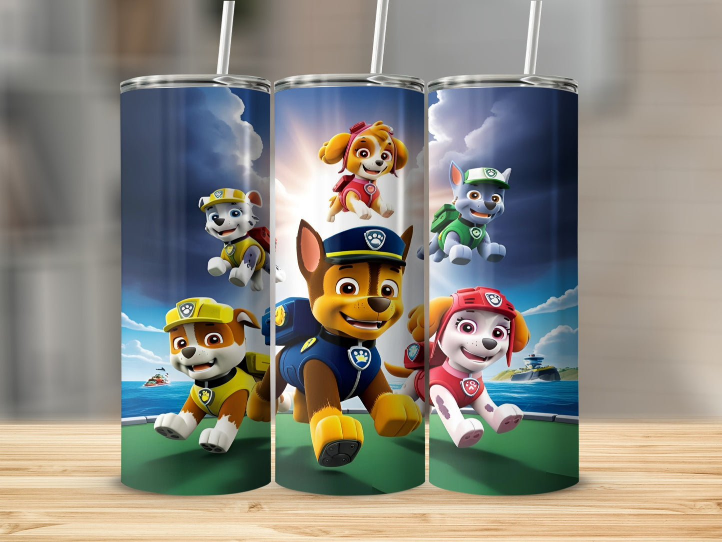 Paw Patrol characters Chase, Marshall, and Skye on a beach with a boat in background.