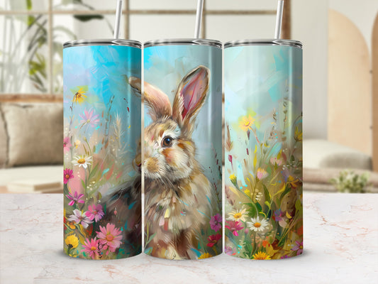 Three tumblers with a watercolor-style bunny and floral design.