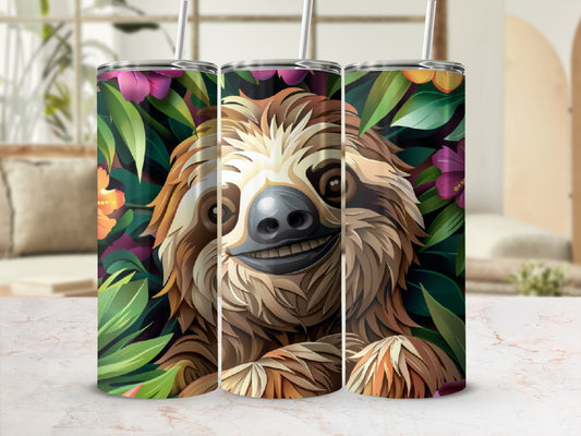 Sloth face illustration with colorful flowers and green leaves.