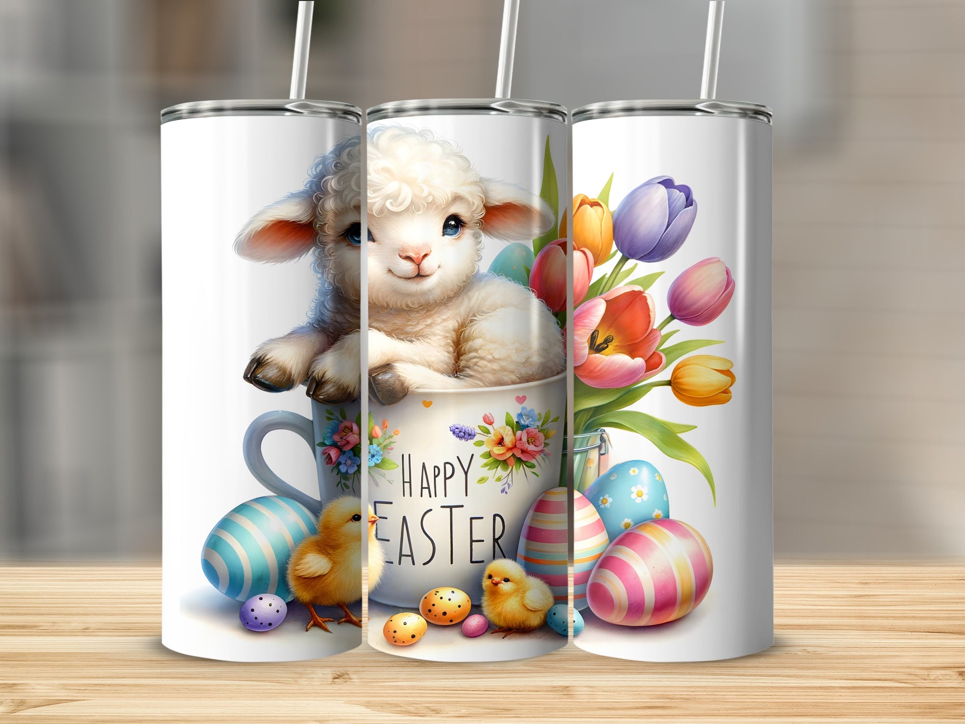 Easter tumbler with sheep, chicks, tulips, and decorated eggs.