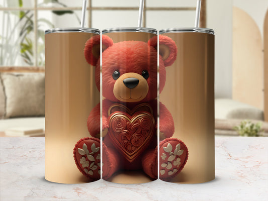 Adorable Red Teddy Bear with Heart Travel Tumbler