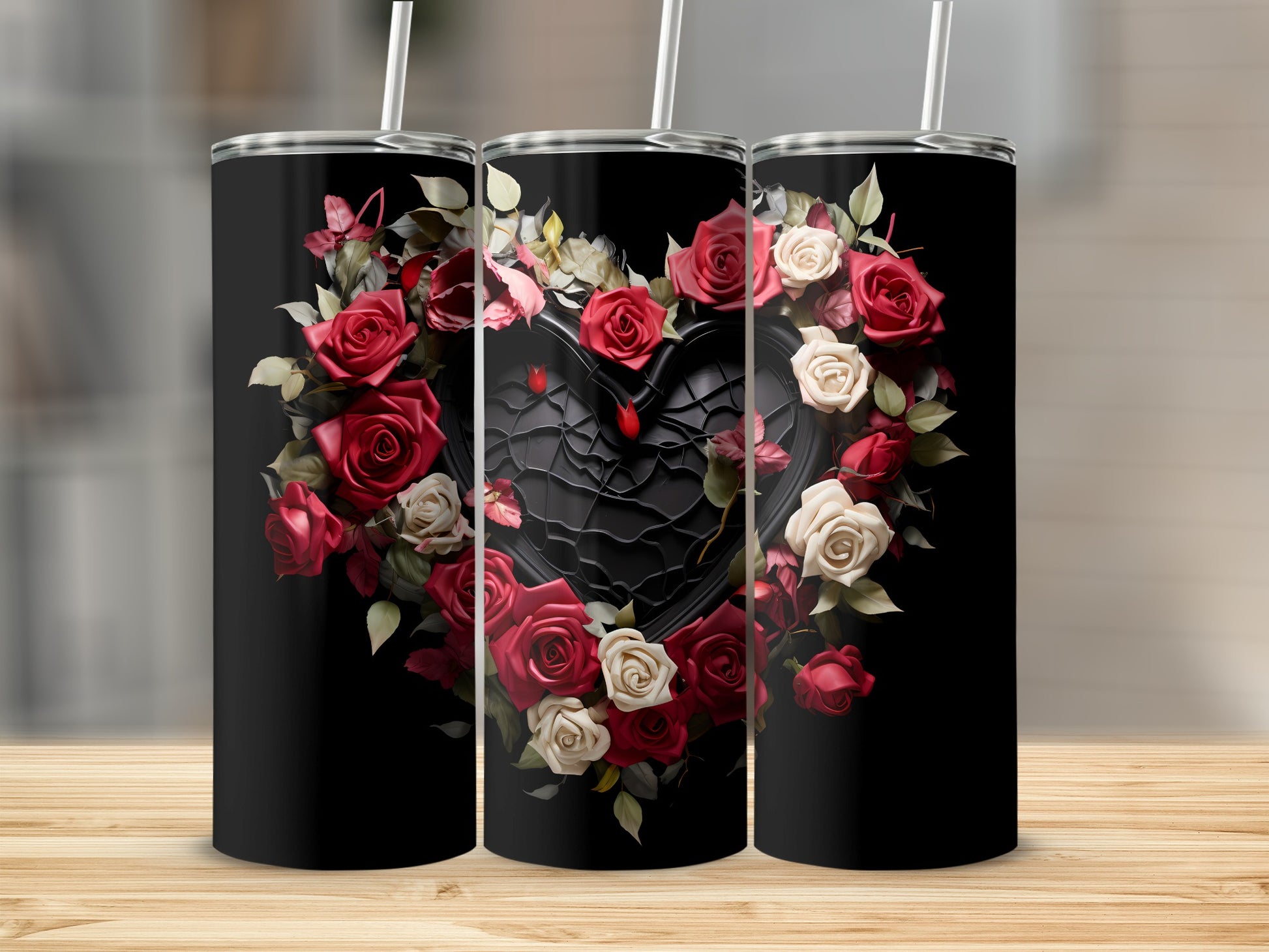 Gothic Black Heart Floral Design Tumbler Product
