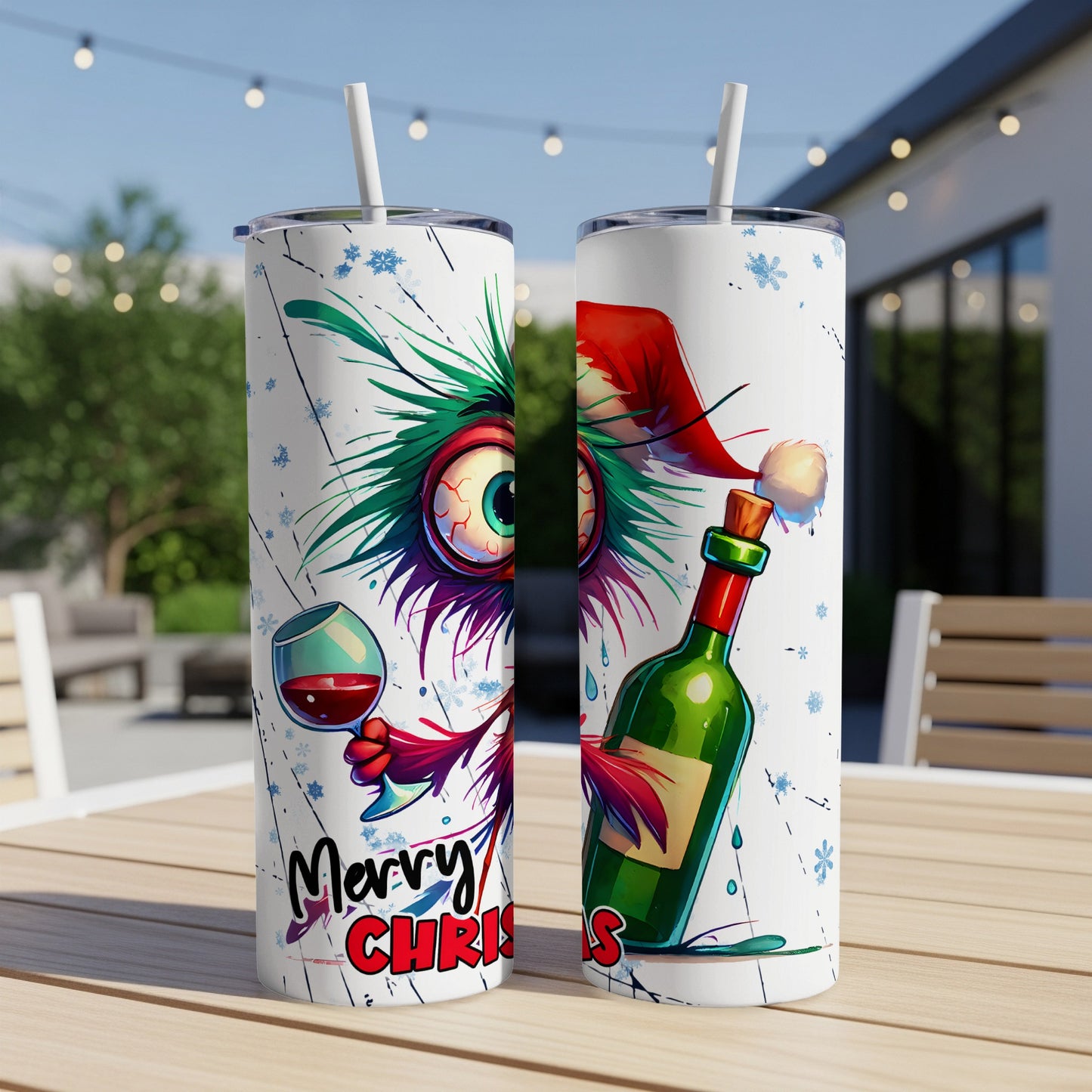 Cartoon monster with a wine glass and Santa hat, holding a wine bottle.