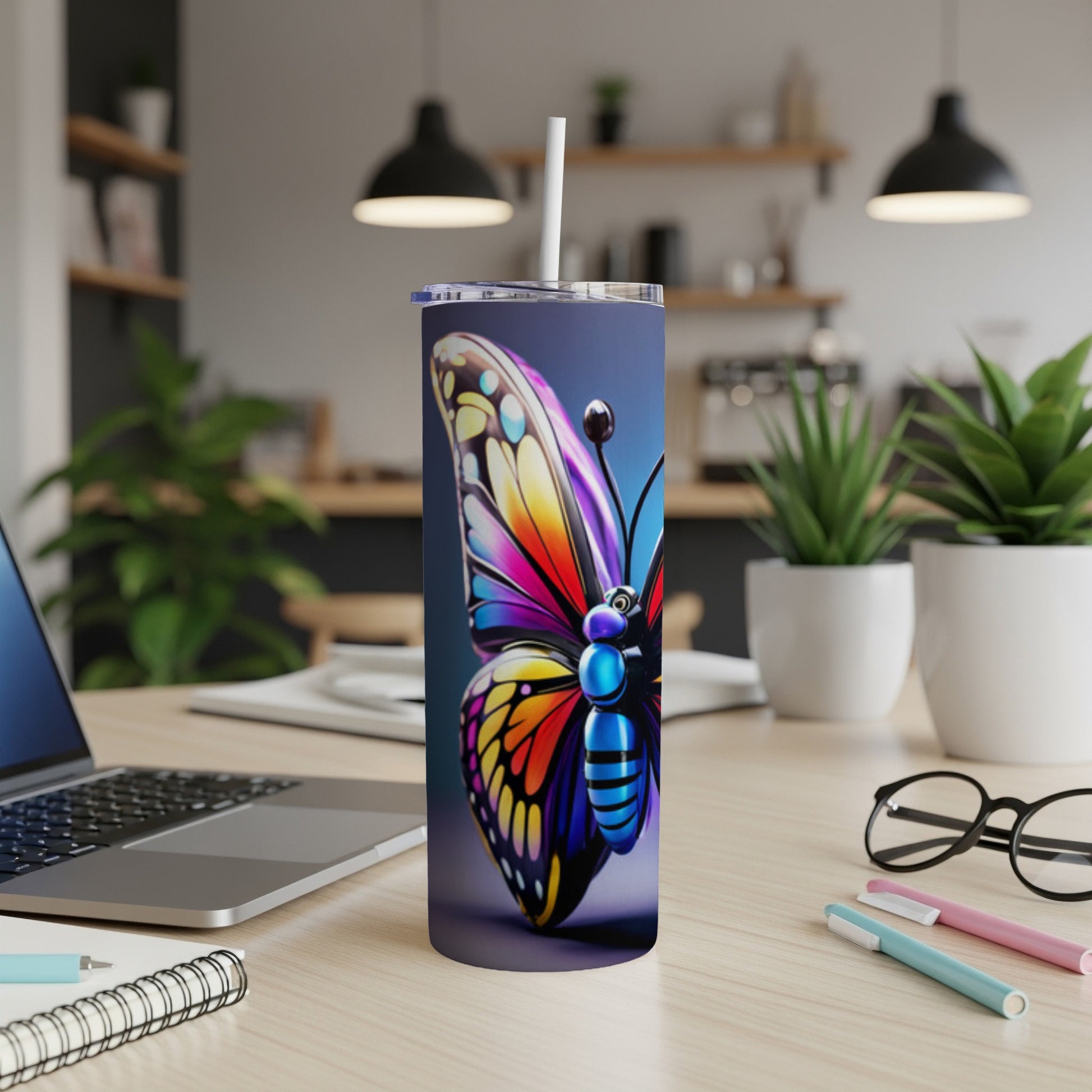 Colorful butterfly design on a tall tumbler with straw.