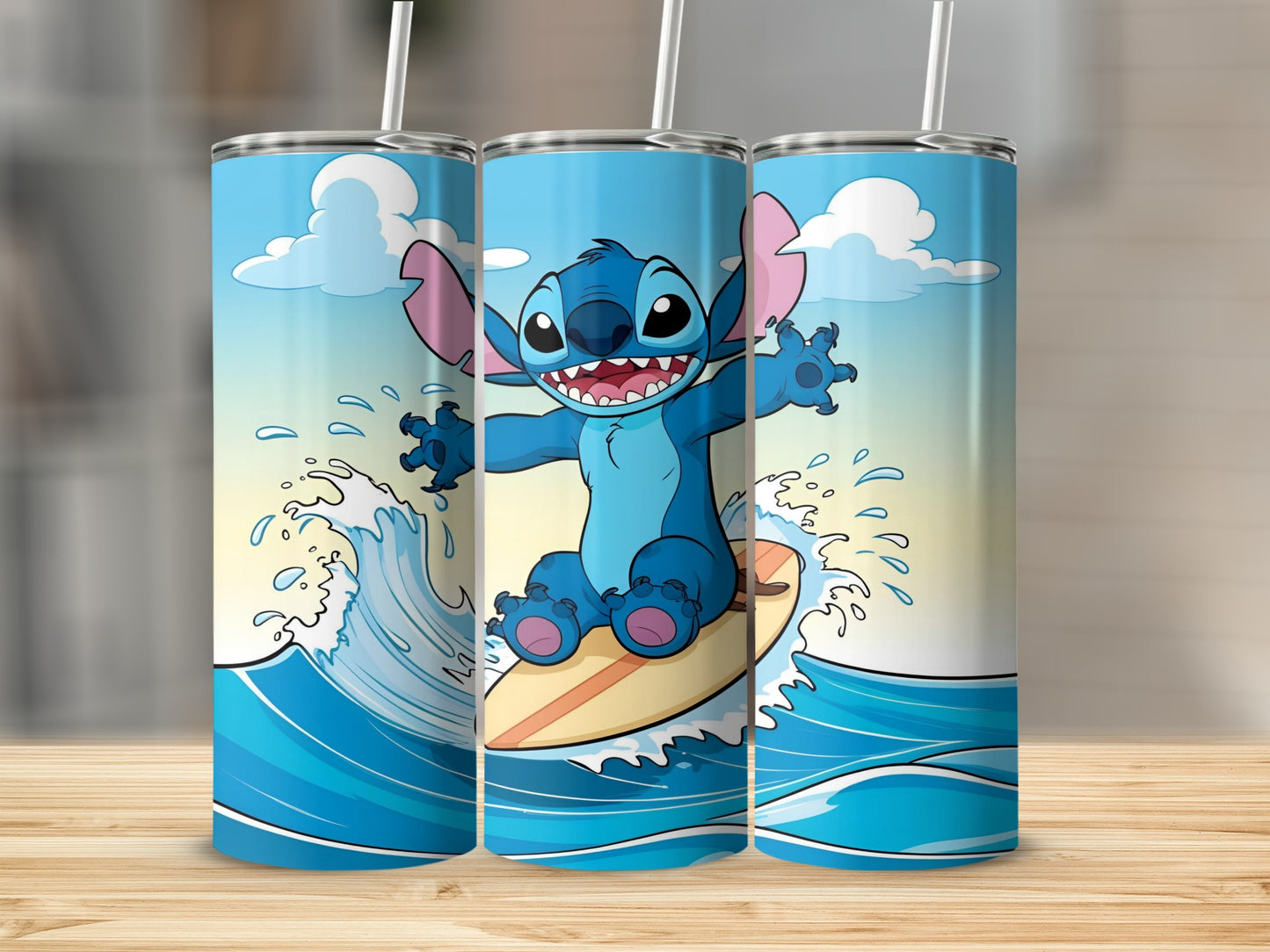 Stitch surfing on a wave, cartoon character design on a tumbler.
