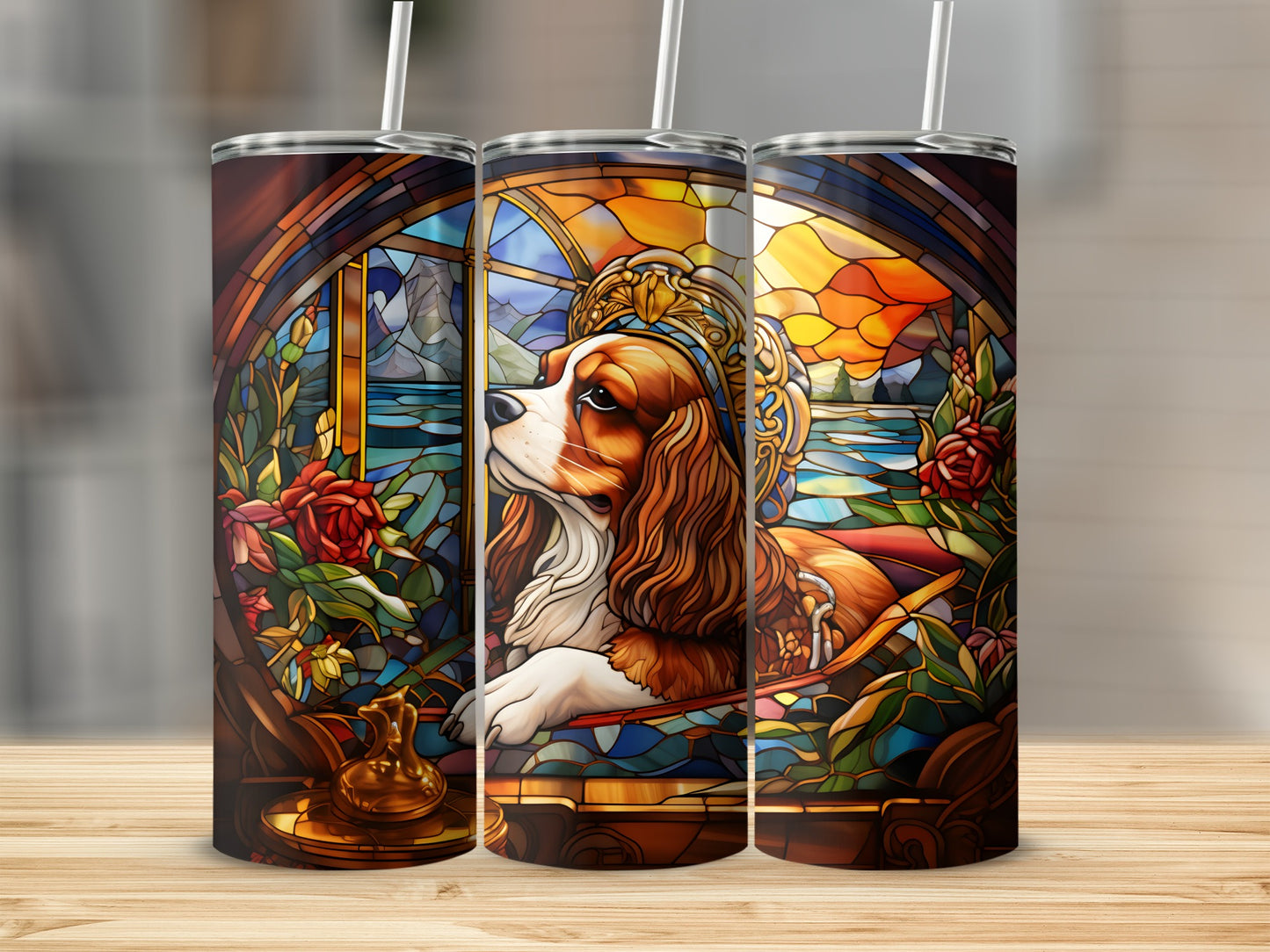 Three tumblers with a stained-glass design featuring a Cavalier King Charles Spaniel.