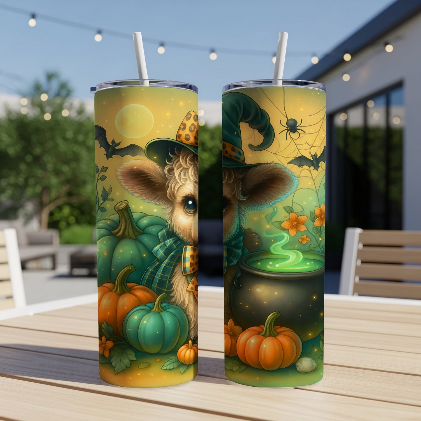 Halloween themed tumblers with a witchy calf, pumpkins, cauldron, and bats.