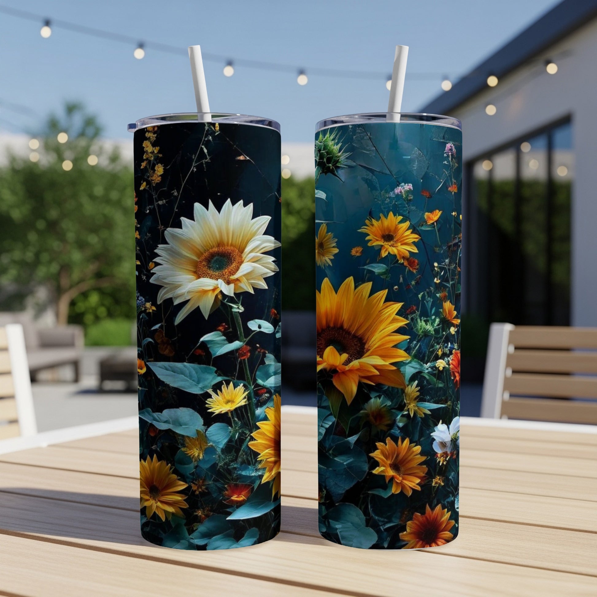 Two tall tumblers featuring vibrant sunflowers and foliage on a table.
