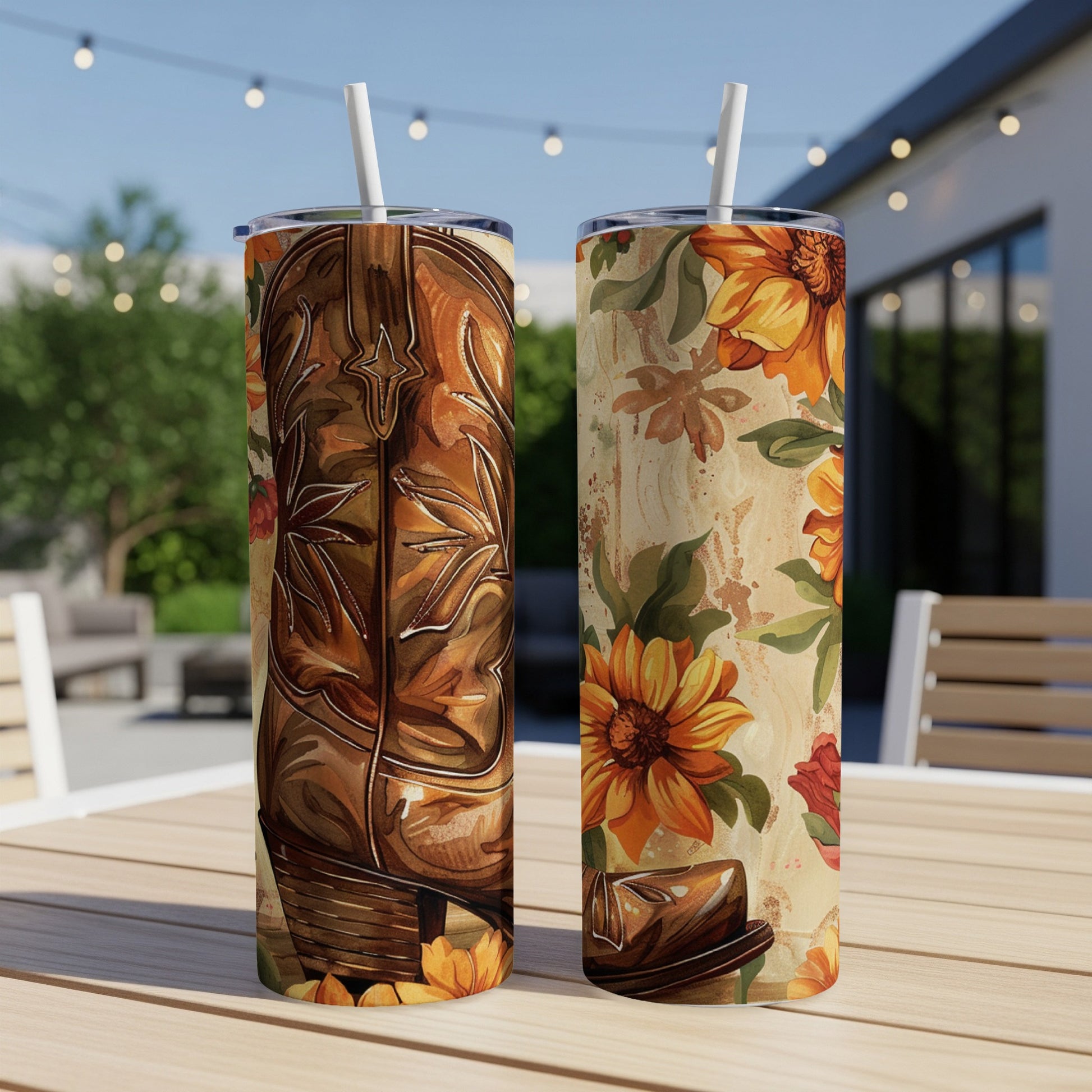 Two tumblers with cowboy boot and sunflower designs sit on a table.