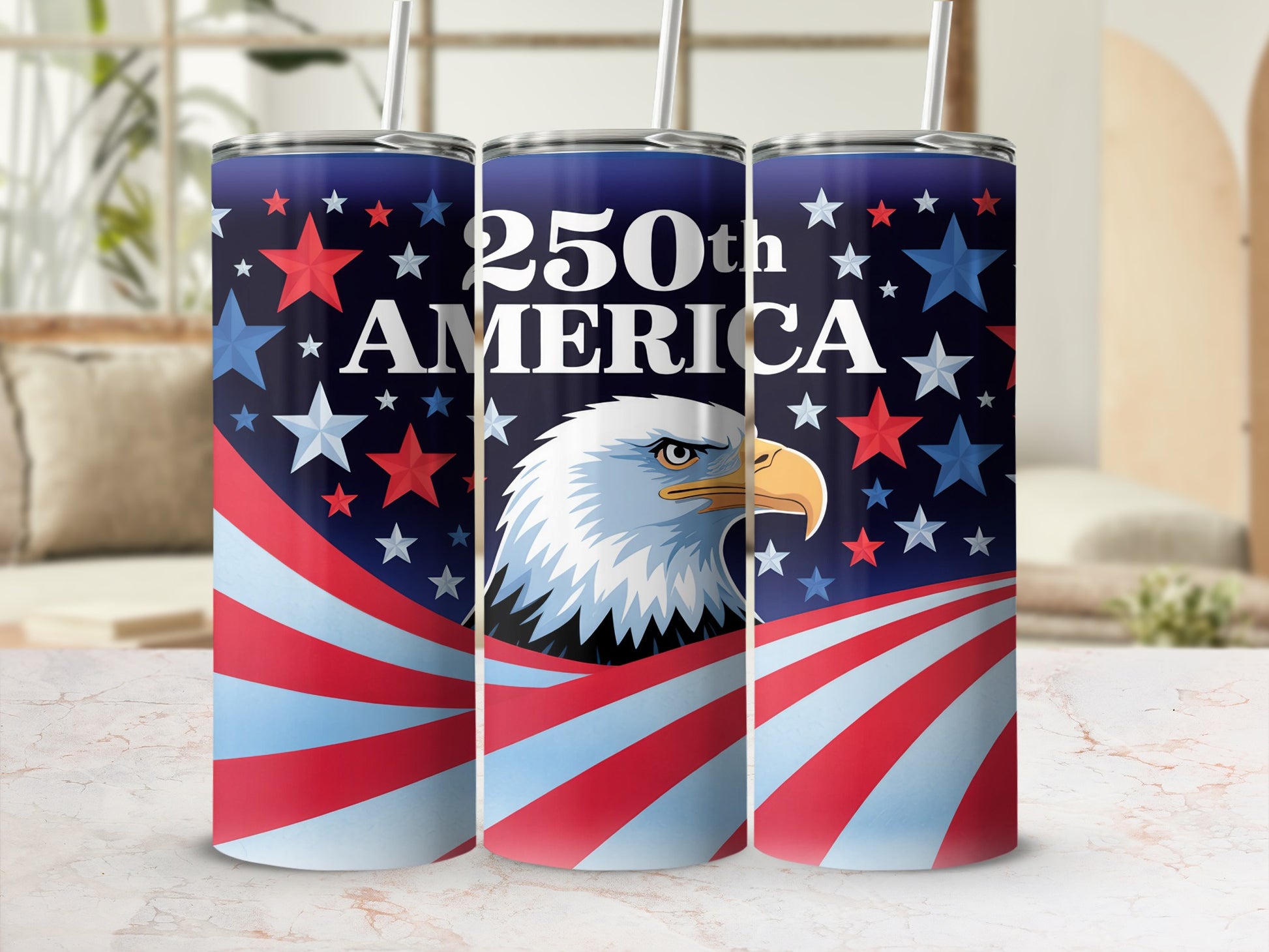 USA themed tumbler with eagle and stars on red and blue stripes.