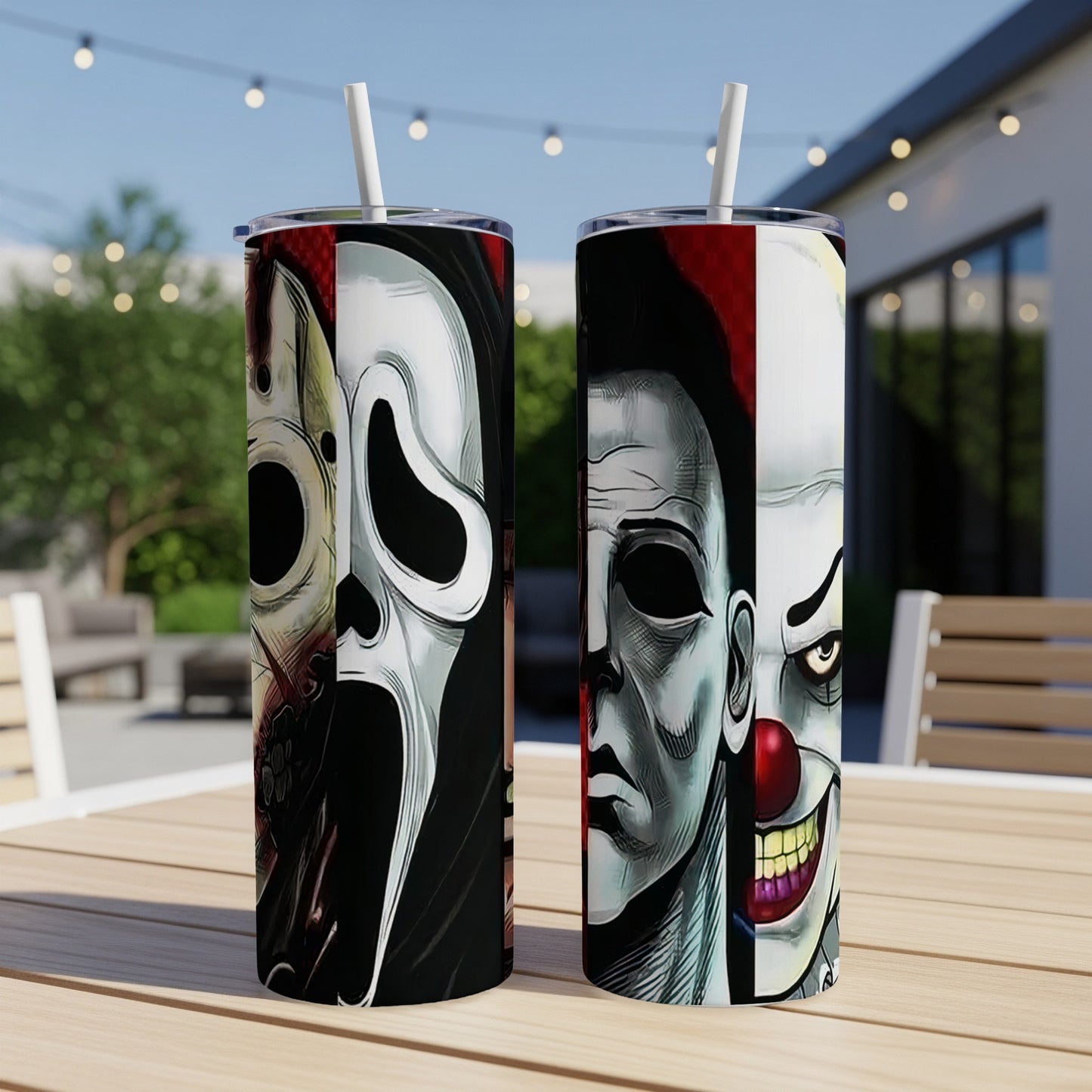 Two tumblers featuring horror movie villains: Ghostface, Michael Myers, and Pennywise.