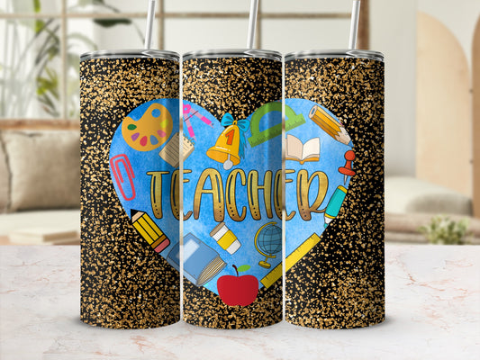 Teacher heart tumbler with school supplies and gold glitter.