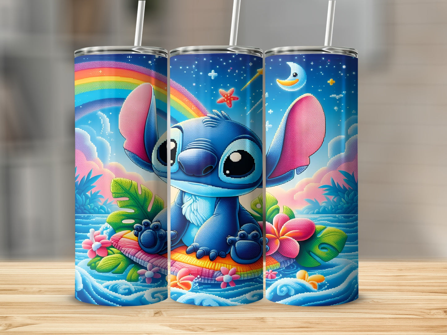 Stitch on a float with rainbow, moon, and flowers.