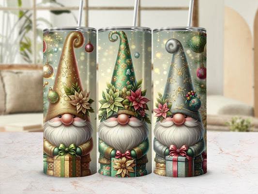 Three Christmas gnomes wearing hats with ornaments and holding gifts.