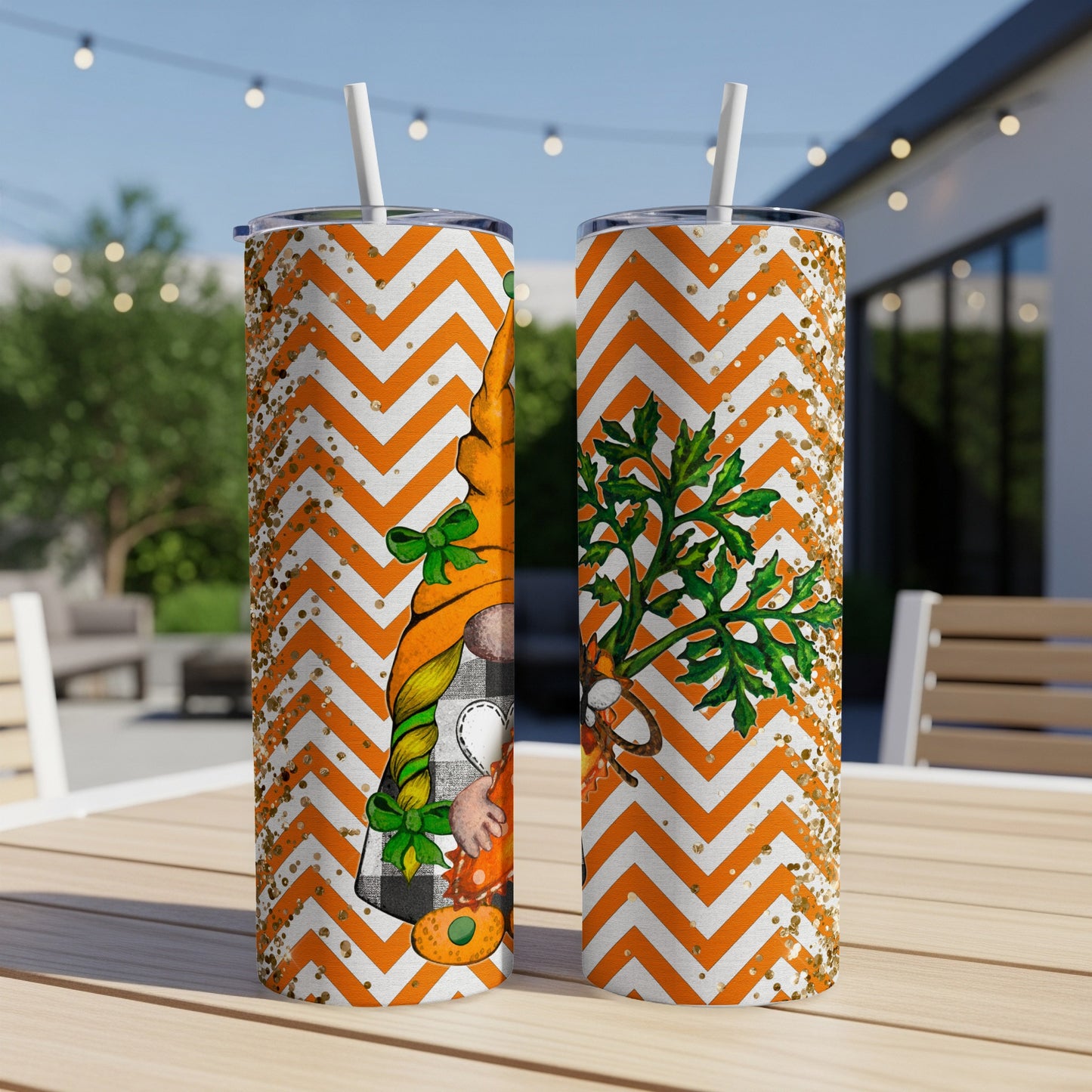 Two tumblers with orange chevron and gnome with carrot designs.