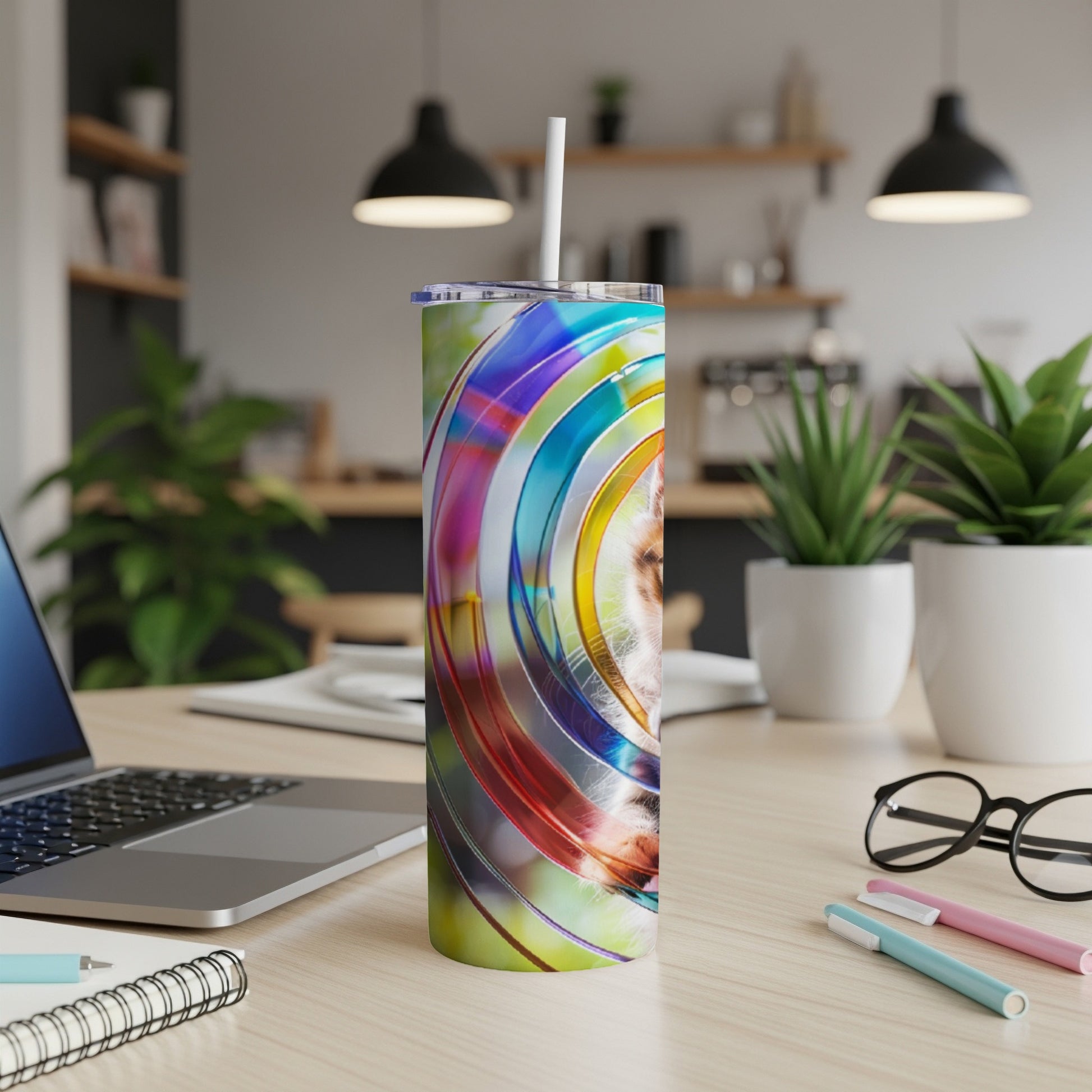 Multicolor abstract swirl pattern on a white tumbler with a straw.