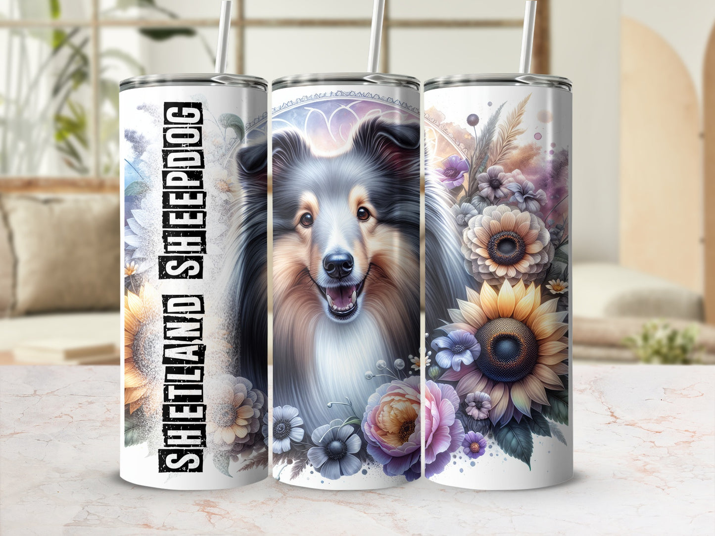 Sheltie dog portrait on floral patterned stainless steel tumbler.