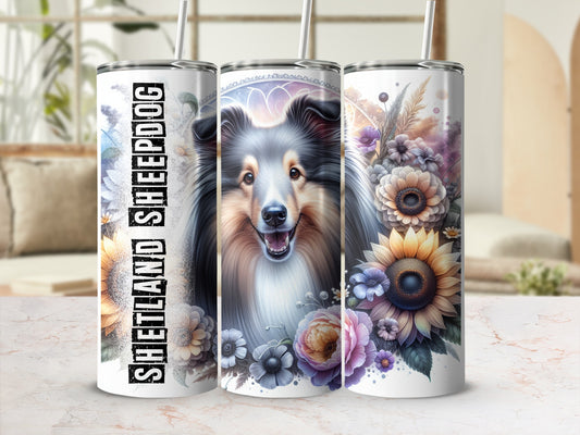Sheltie dog portrait on floral patterned stainless steel tumbler.
