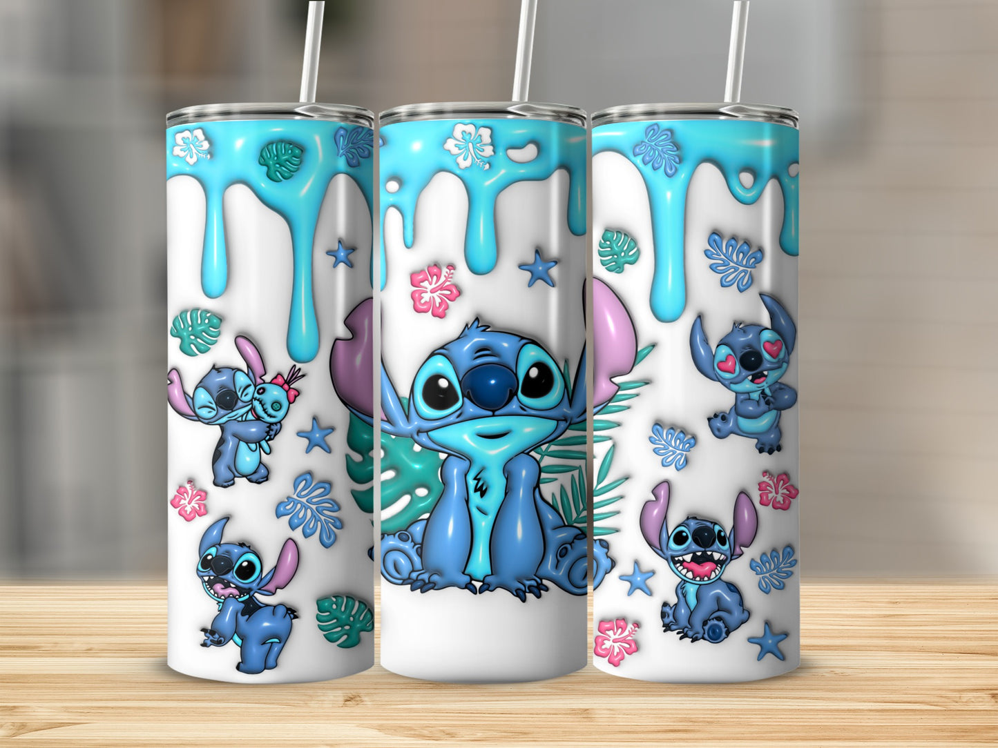 Three cartoon Stitch characters on a blue and white dripping background.
