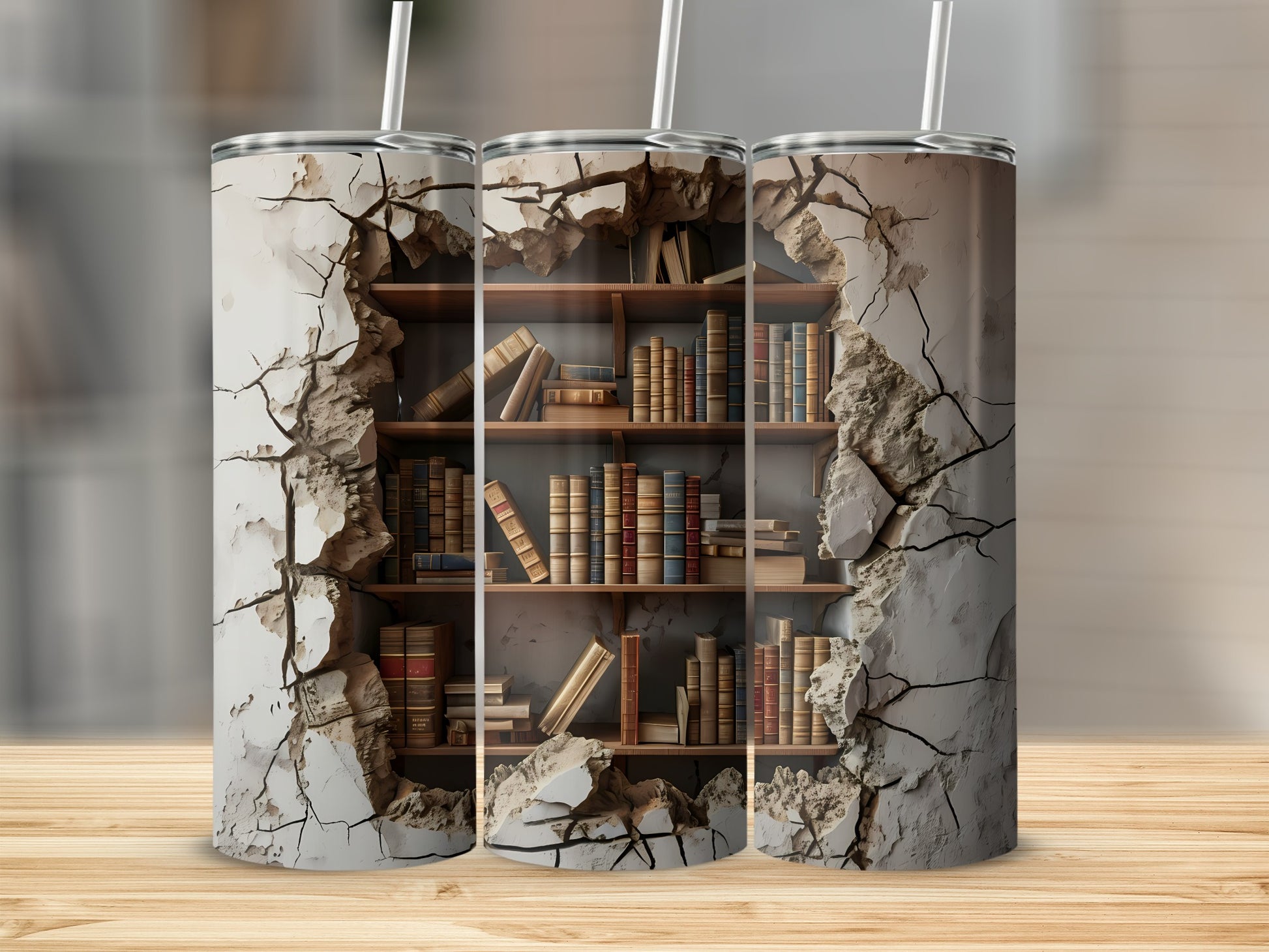 Three tumblers with a cracked wall design revealing a bookshelf.
