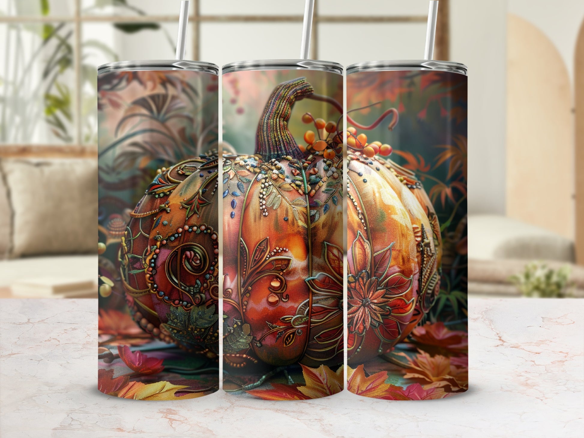 Ornate pumpkin with autumn leaves, floral and scrollwork patterns.