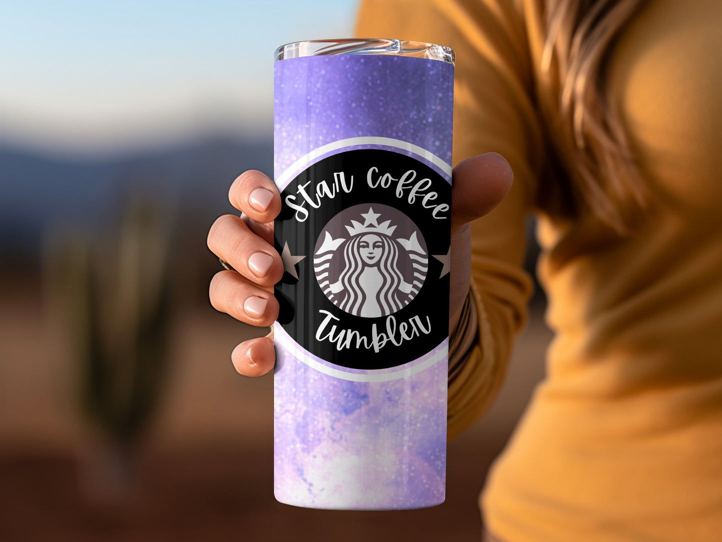 Star Coffee Tumbler with Purple Galaxy Print Design