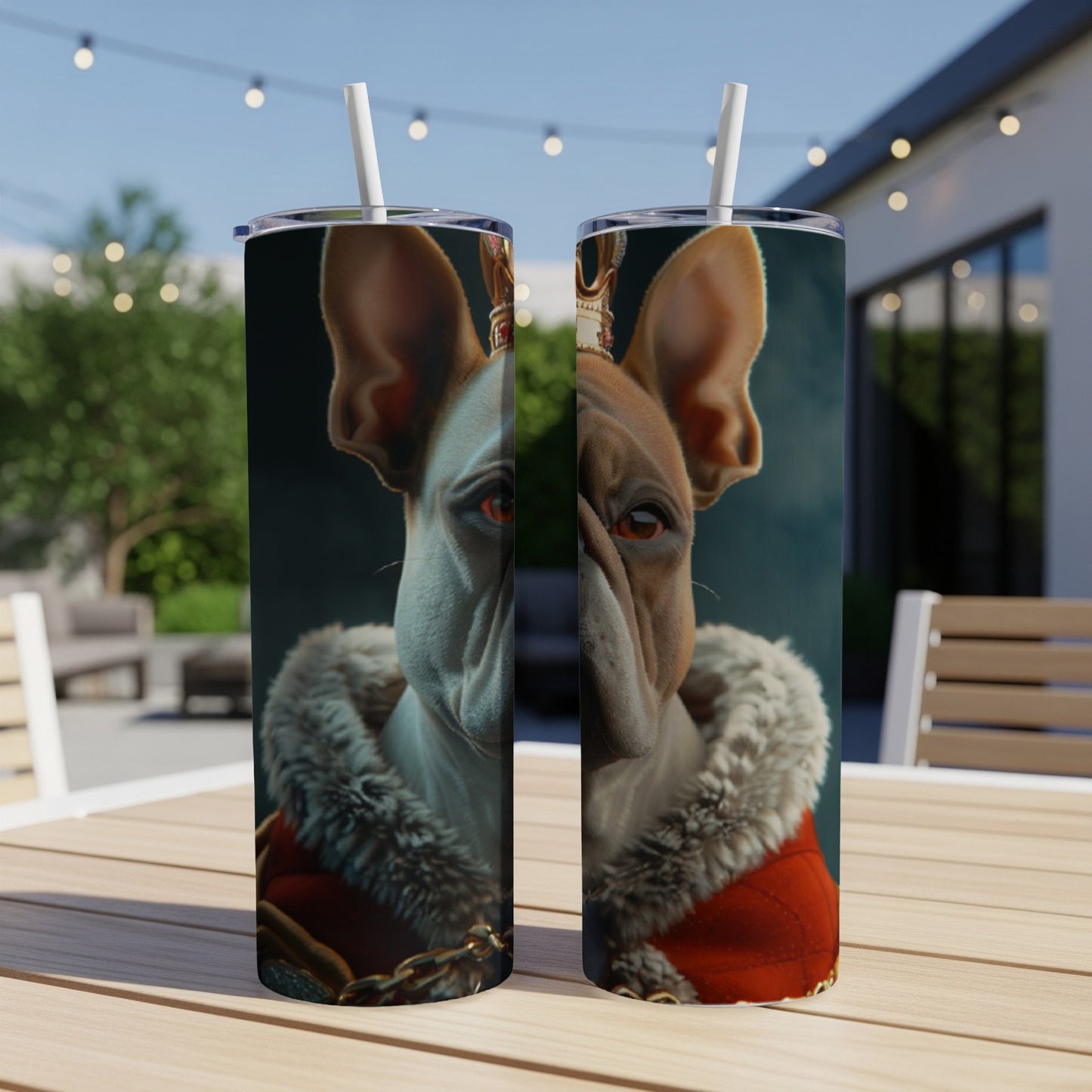 French Bulldog in a crown and red fur-lined coat, on a table outdoors.