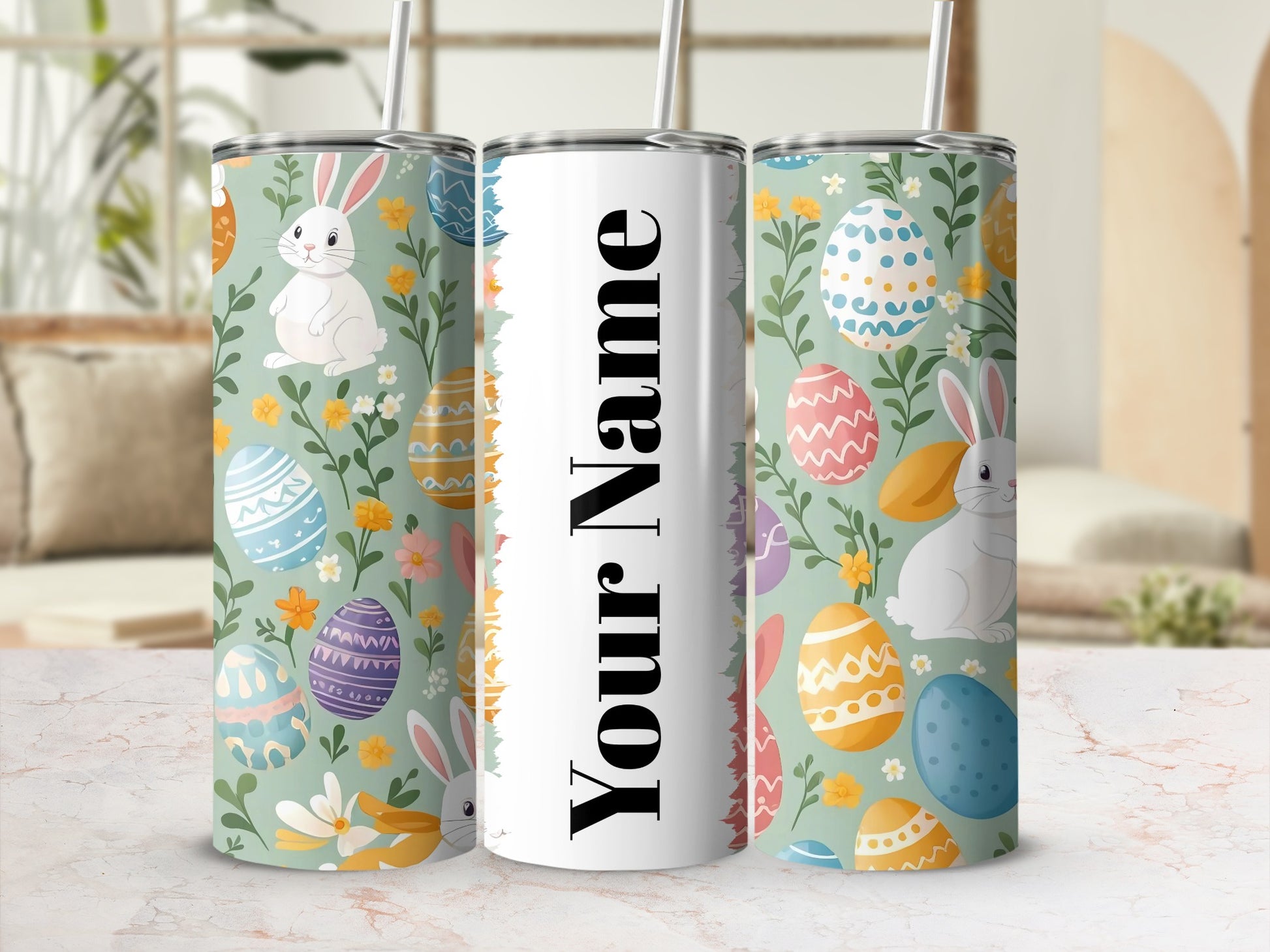 Personalized Easter Bunny and Eggs Tumbler with Straw