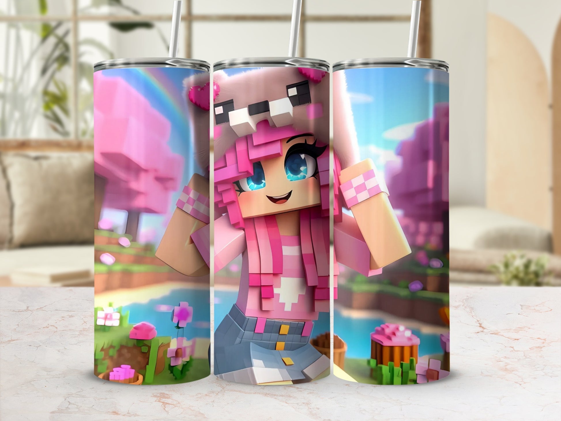 Pink Themed Pixel Art Character Tumbler for Kids