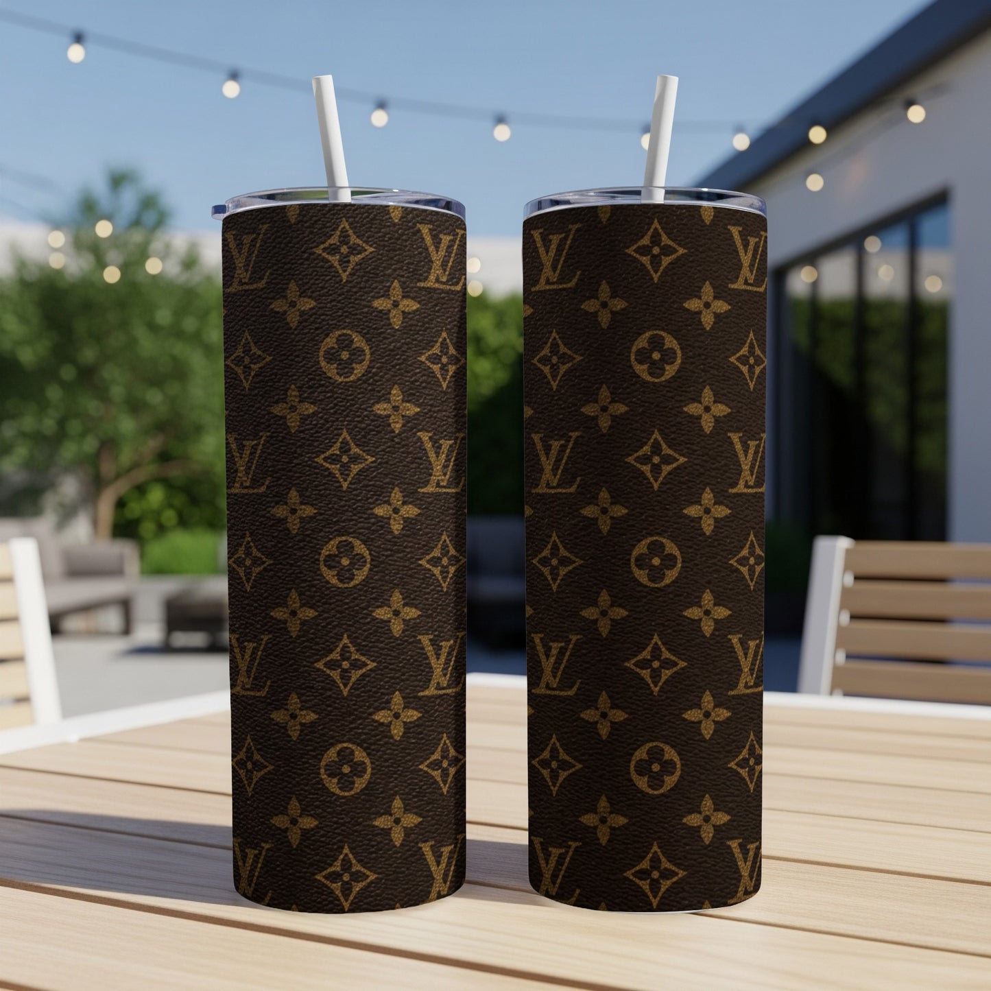 Two brown tumblers with a repeating LV monogram pattern and straws.
