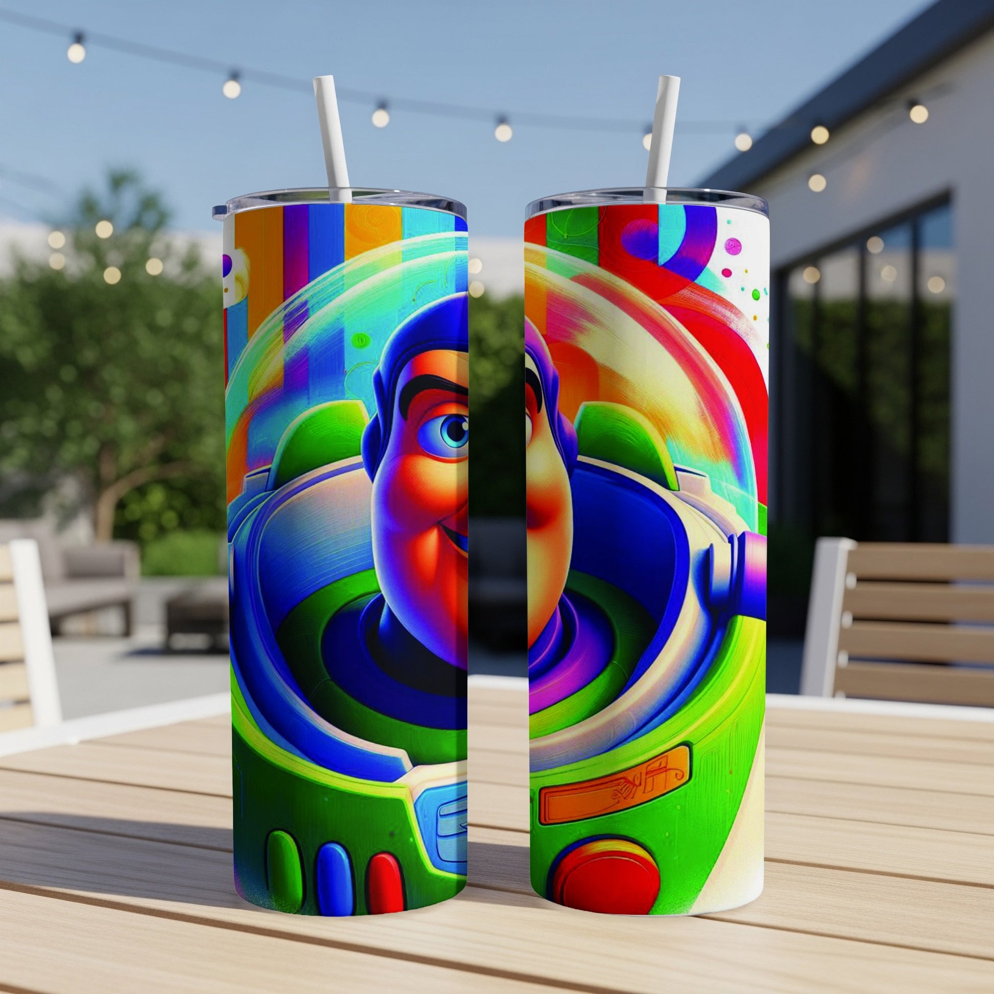 Buzz Lightyear character design on two matching tumblers with straws.
