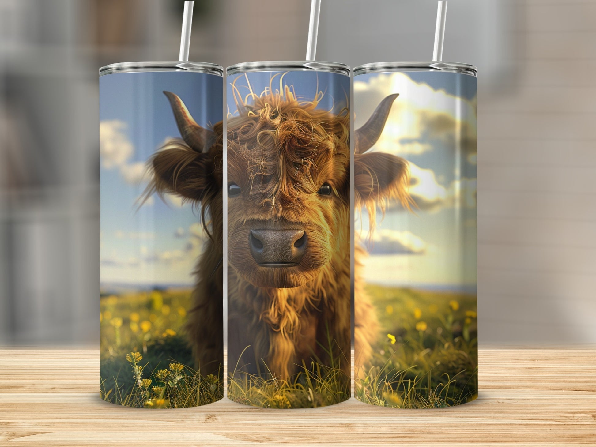 Three tumblers featuring a Highland cow in a grassy field under a blue sky.
