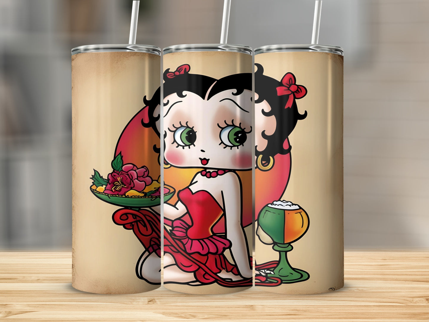 Betty Boop wearing a red dress holding a tray with flowers and a drink.