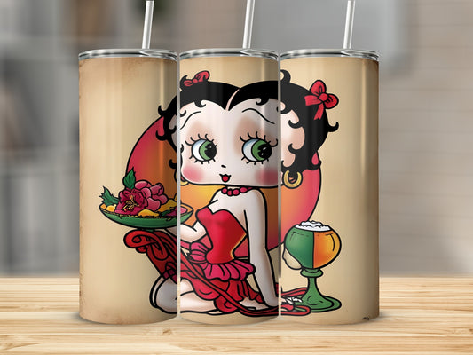 Betty Boop wearing a red dress holding a tray with flowers and a drink.