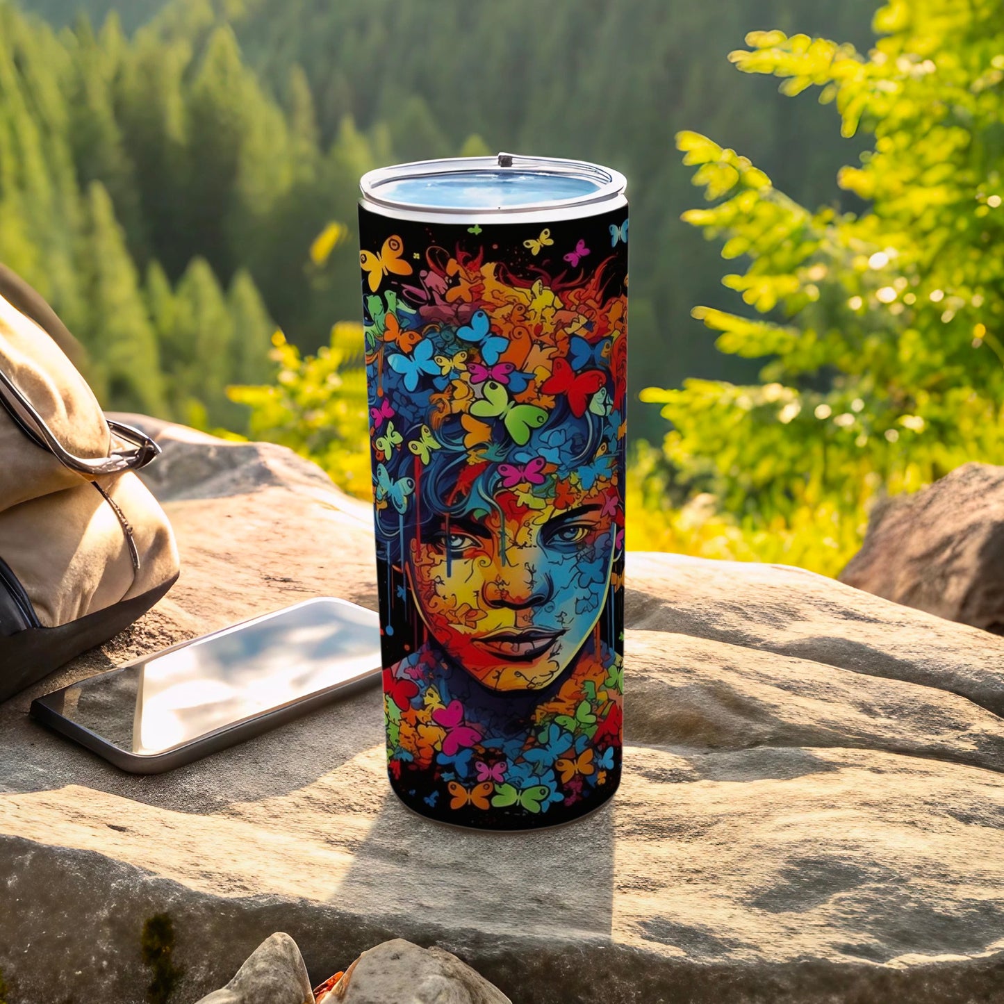 Tumbler with colorful butterfly-covered portrait on black background, outdoors.