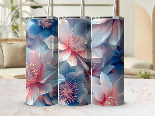 Three tumblers with a floral design featuring blue and pink flowers.