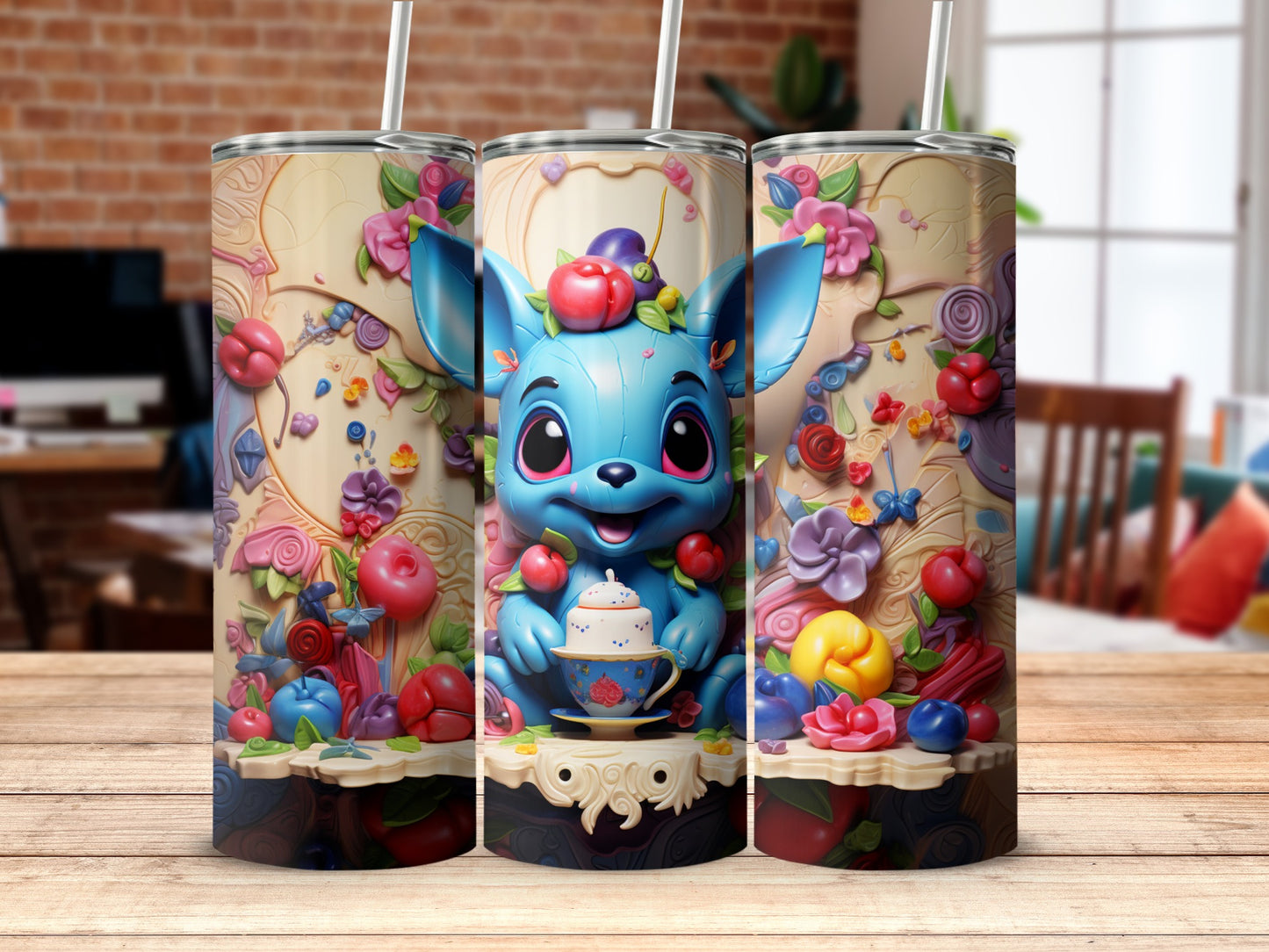 Cute Blue Creature Surrounded by Colorful Sweets Tumbler