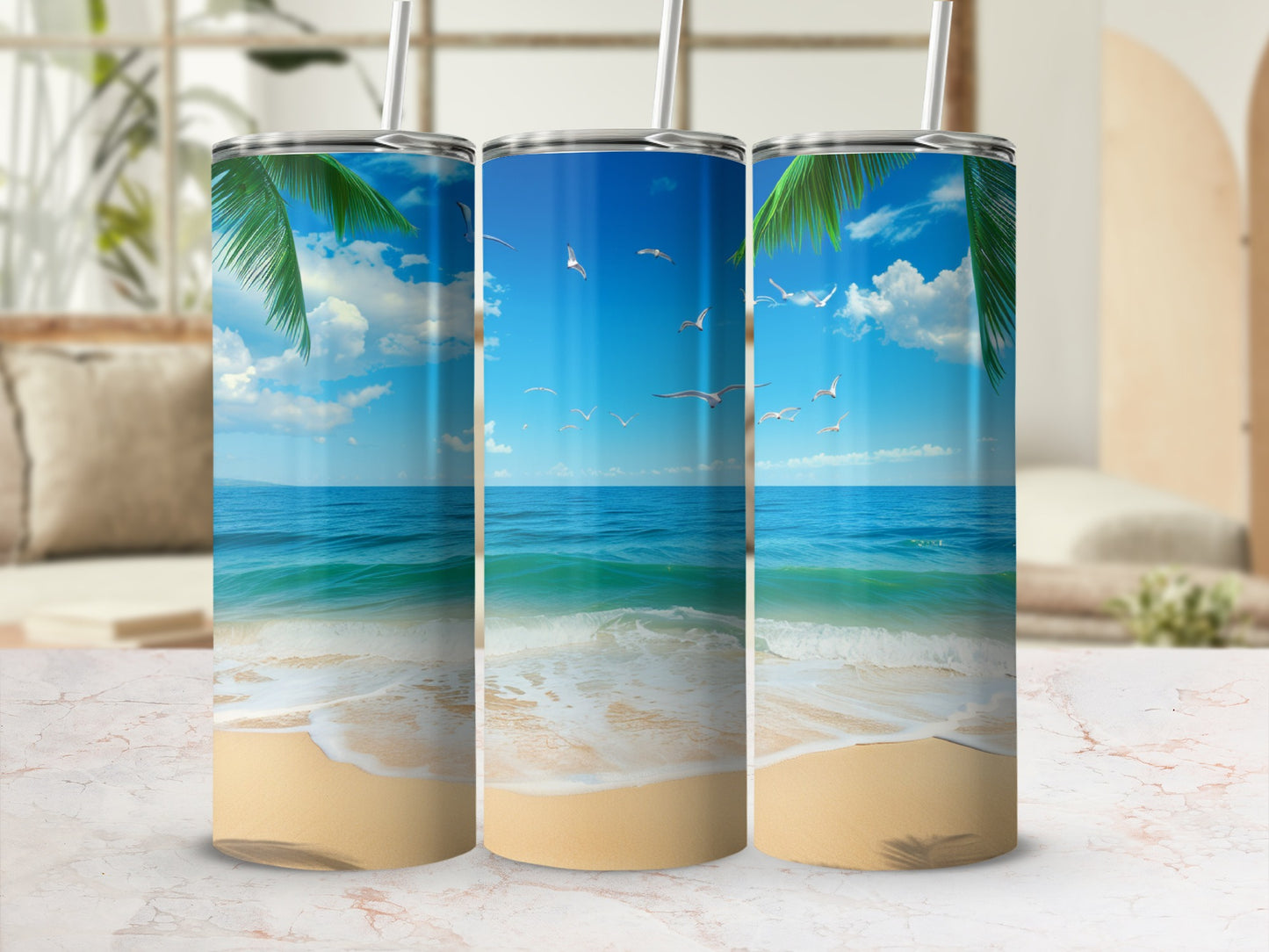 Beach scene with palm trees and seagulls on a triptych tumbler.