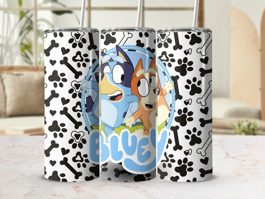 Bluey and Bingo characters on a white tumbler with paw print and bone pattern.