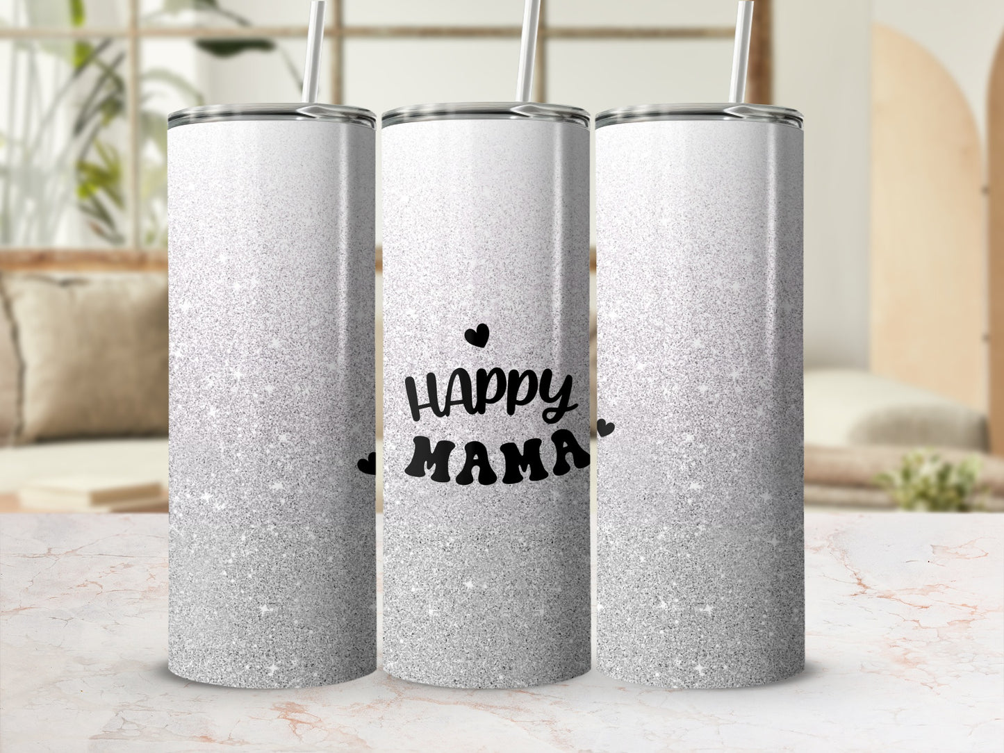 Silver glitter tumbler with "Happy Mama" text and heart.