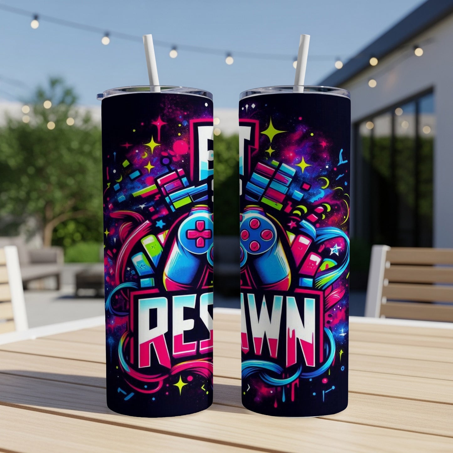 Gaming-themed tumbler with "RES PWN" text and colorful controller graphics.