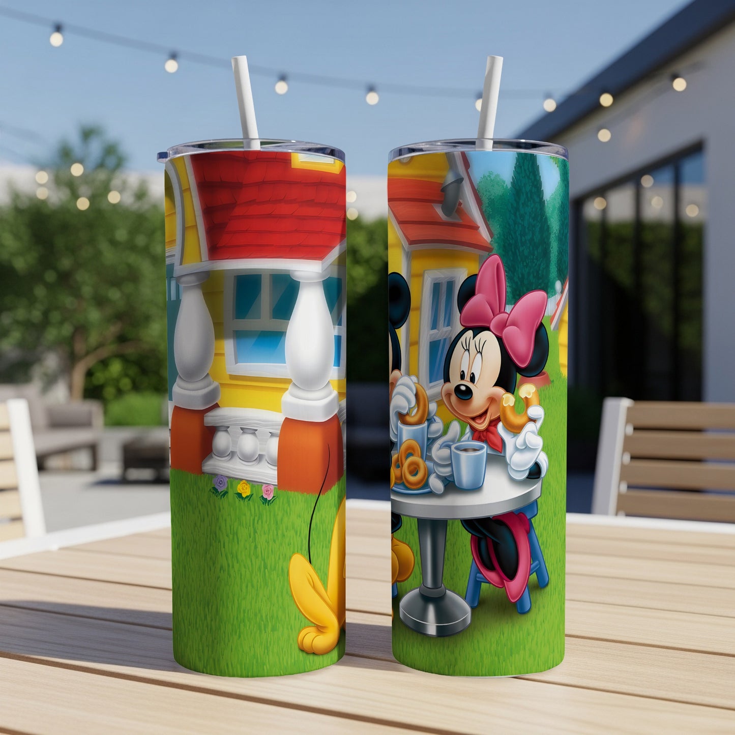 Minnie Mouse tumbler with a cartoon house and outdoor seating.