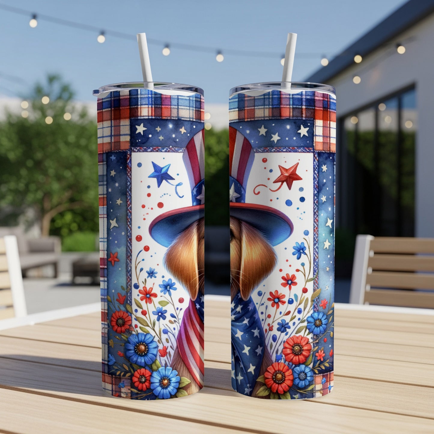 Patriotic dog with flowers and American flag hat on tumbler.