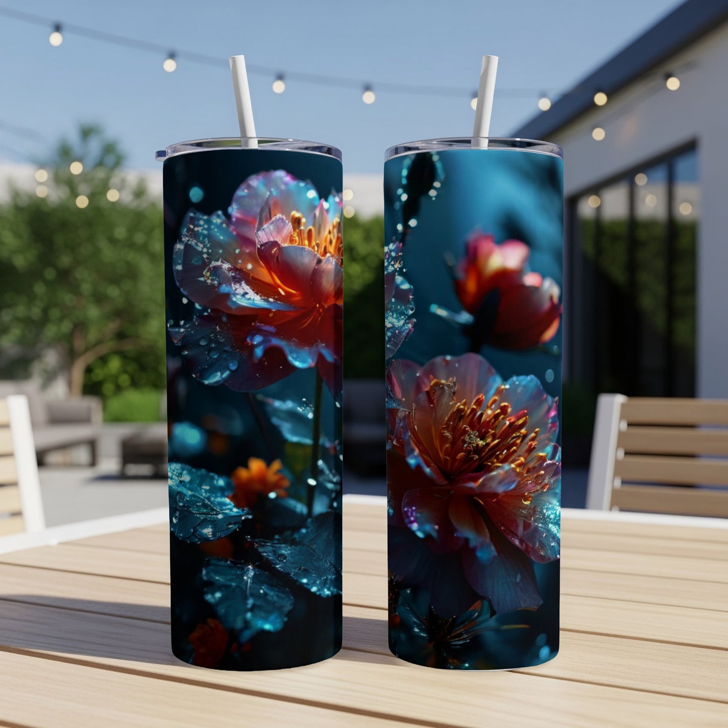 Two tumblers with floral designs featuring water droplets and bokeh lights.