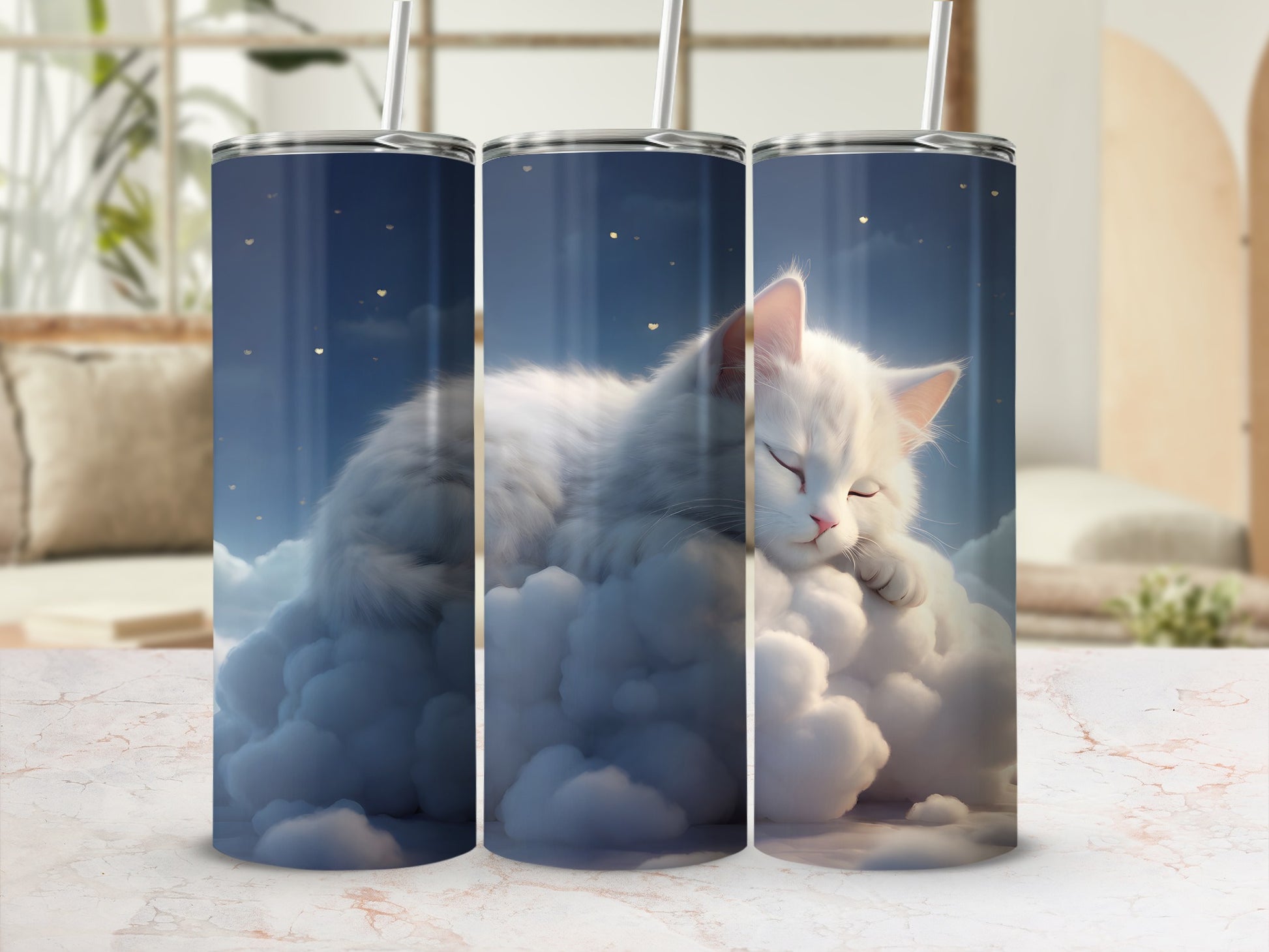 White cat sleeping on clouds, starry sky background.
