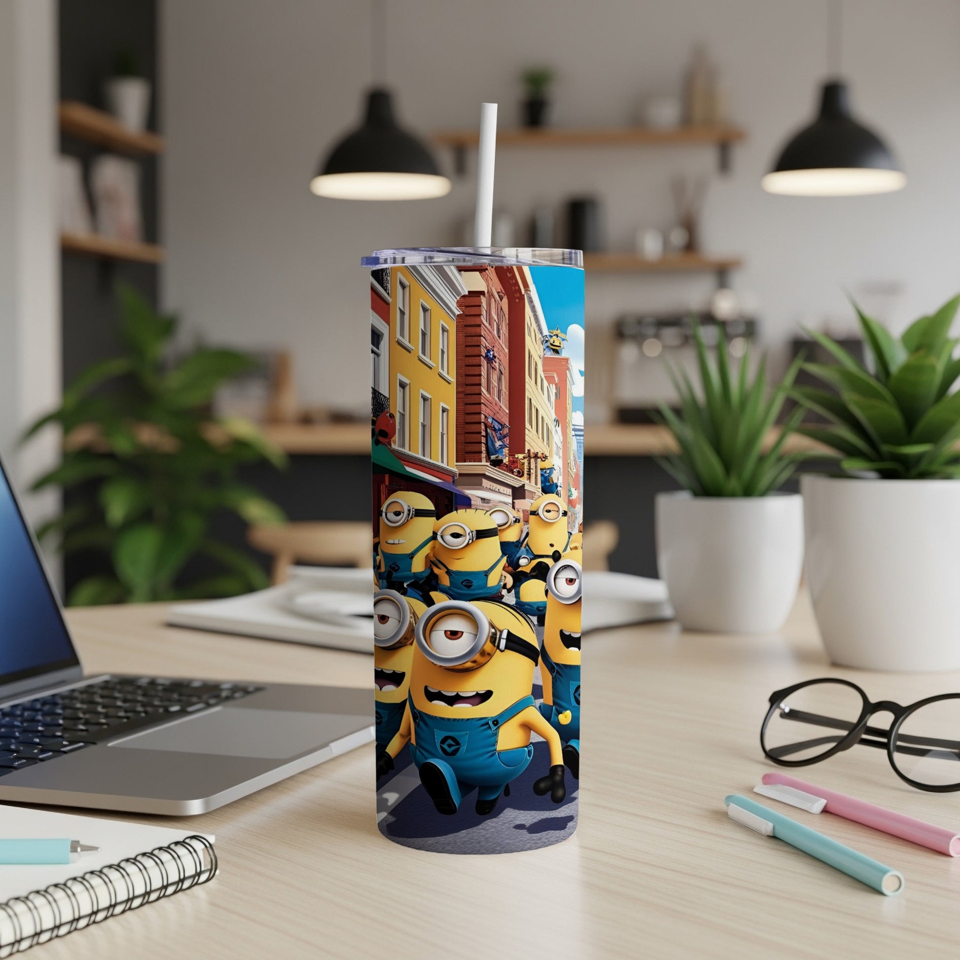 Minions walking down a colorful city street on a tall tumbler.