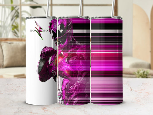 Pink Power Ranger tumbler with "GO GO" text and abstract stripes.