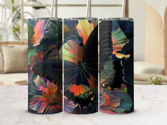Black butterfly and colorful flowers on a tumbler.