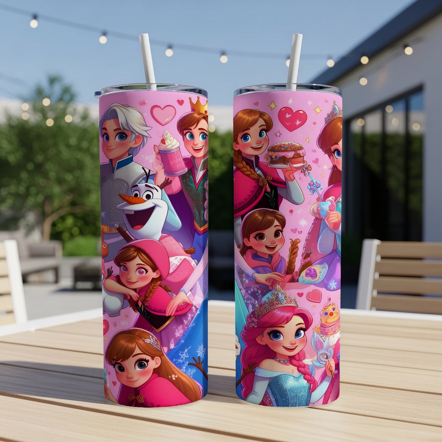 Two tumblers with Disney princesses and characters on a wooden table.